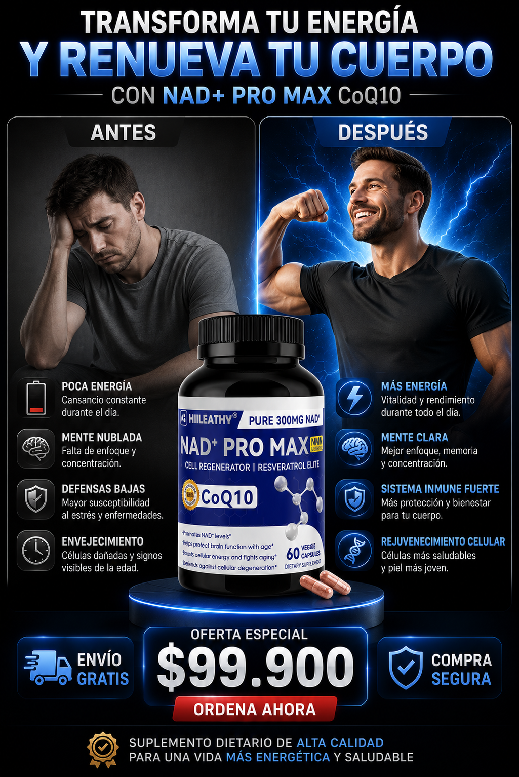 HIILEATHY™️ – NAD+ Pro Max con CoQ10 y Resveratrol para Energía Celular y Vitalidad Diaria